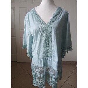 Indigo‎ Thread Co. Women's Large Green Floral Mixed Media Angel Sleeve V-Neck